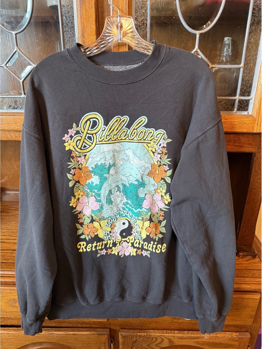Billabong Return to Paradise Crewneck Sweatshirt M Black Dolphin Hibiscus Surf